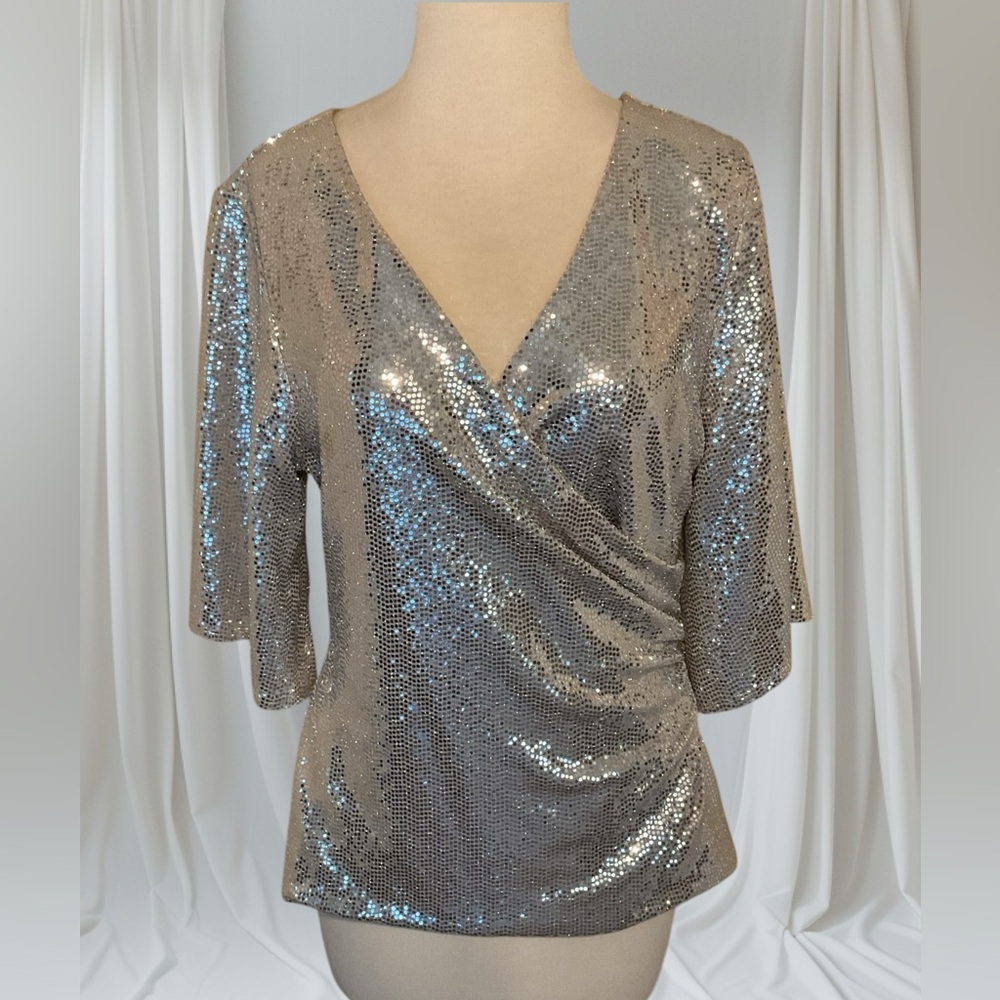 Prelude Silver Sequin Front Wrap 3/4 Sleeve Pullover Top Size M
